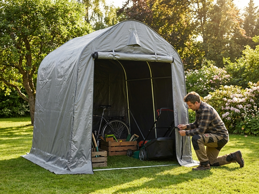 Grey storage tent 2x2x2 m with PE tarpaulin and steel frame