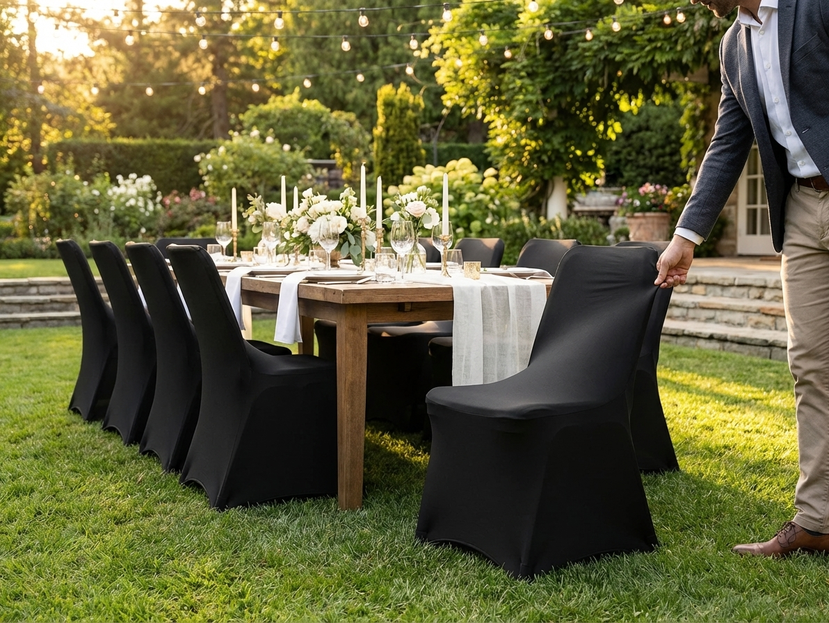Black stretch chair cover for event use, 44x44x80 cm - view 3