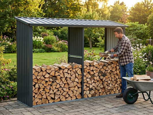 Metal storage shed in anthracite colour, zinc coated steel construction for outdoor use