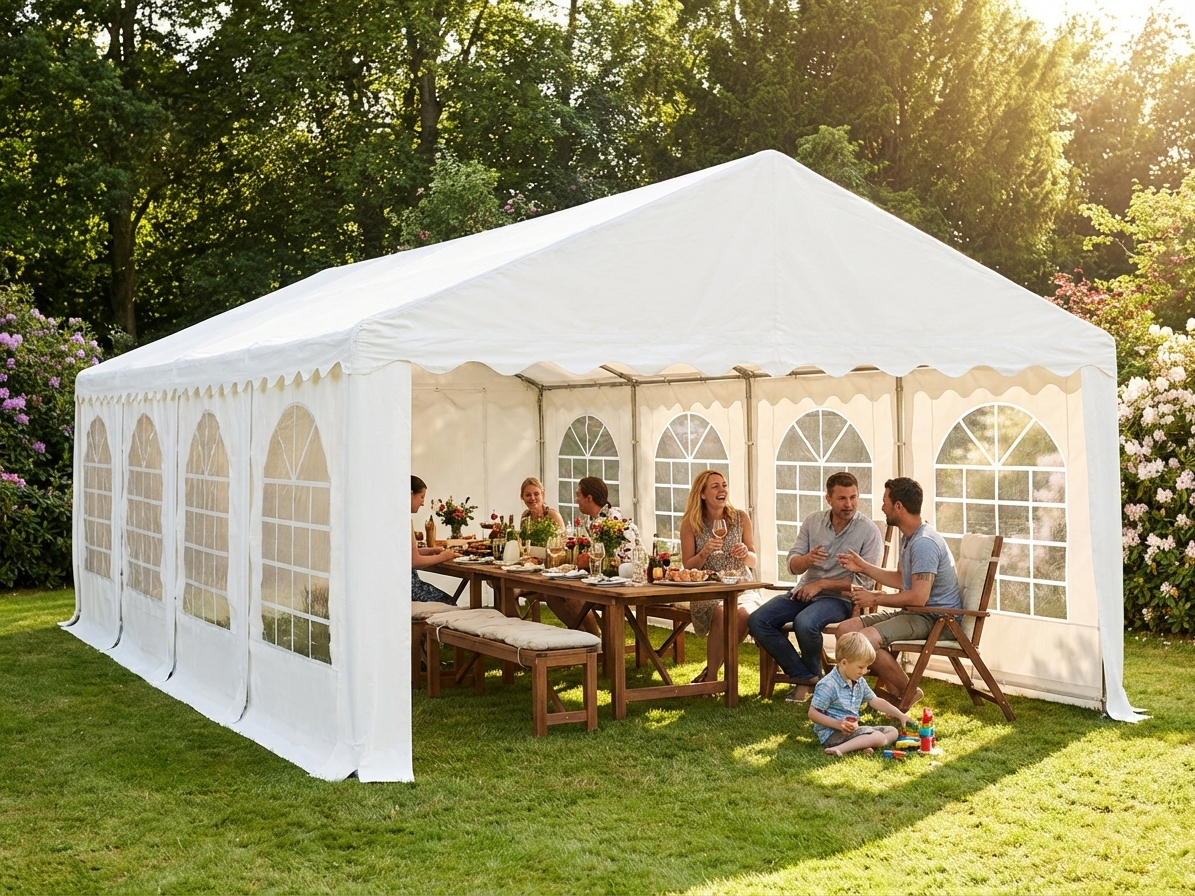 White PVC marquee 6x12m with steel frame for outdoor events