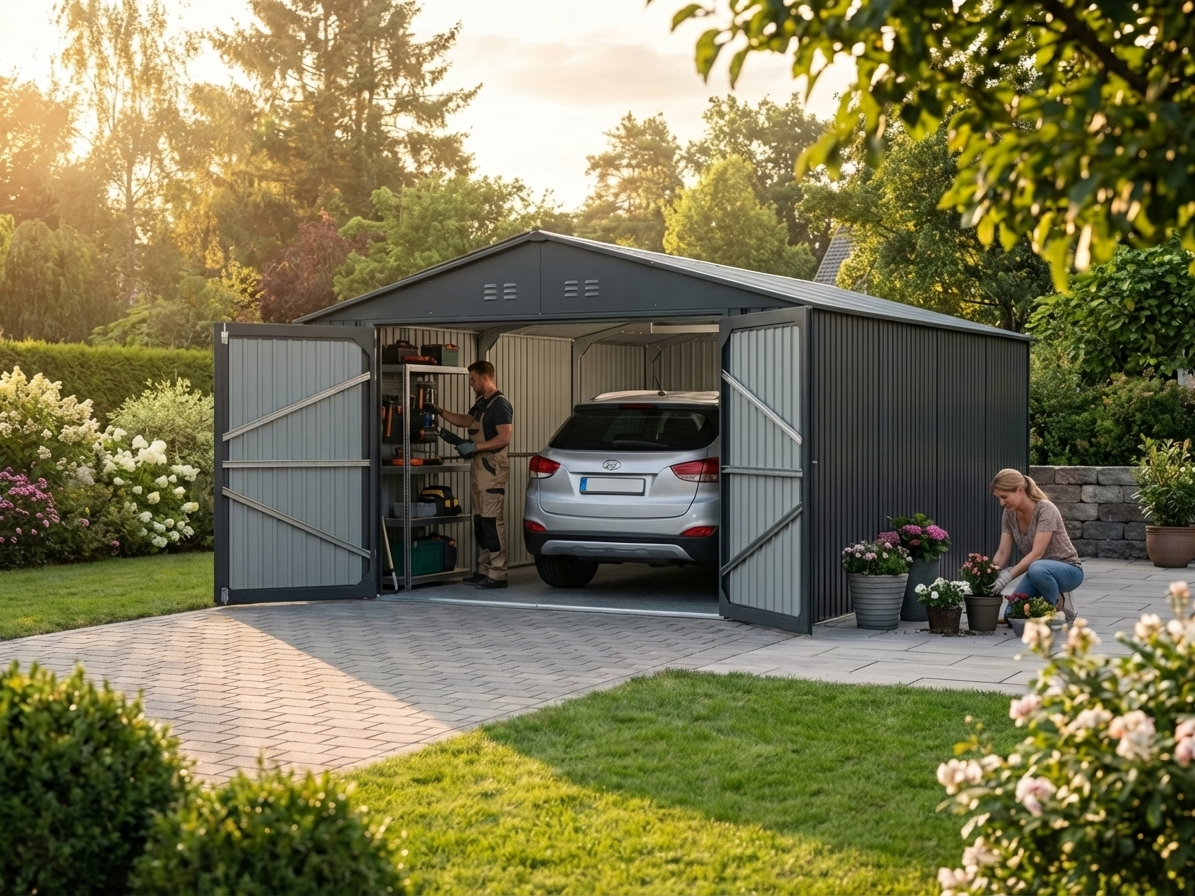 Metal garage in anthracite made of galvanised steel - product detail