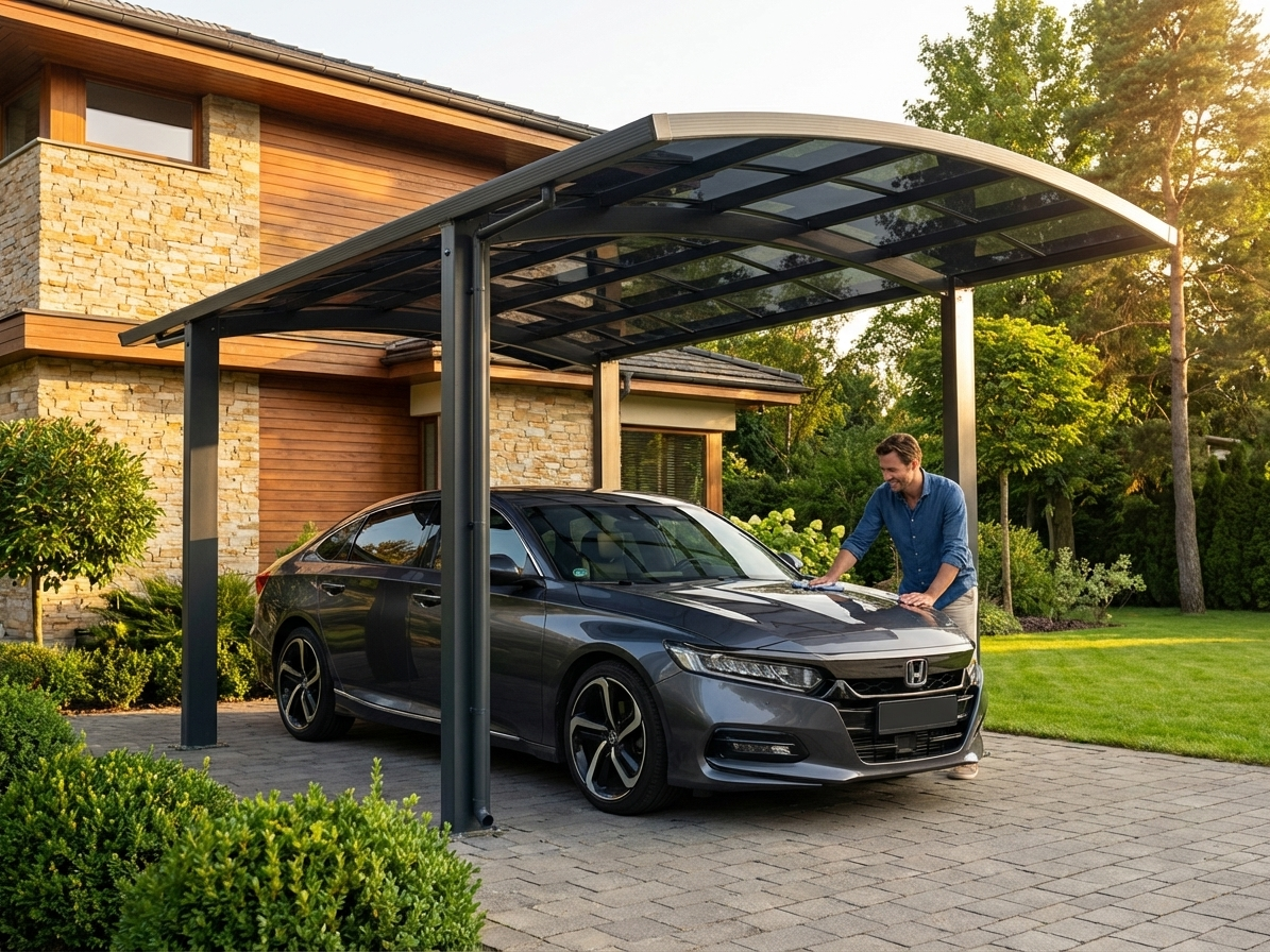 Grey carport with aluminium frame and polycarbonate roof - product detail