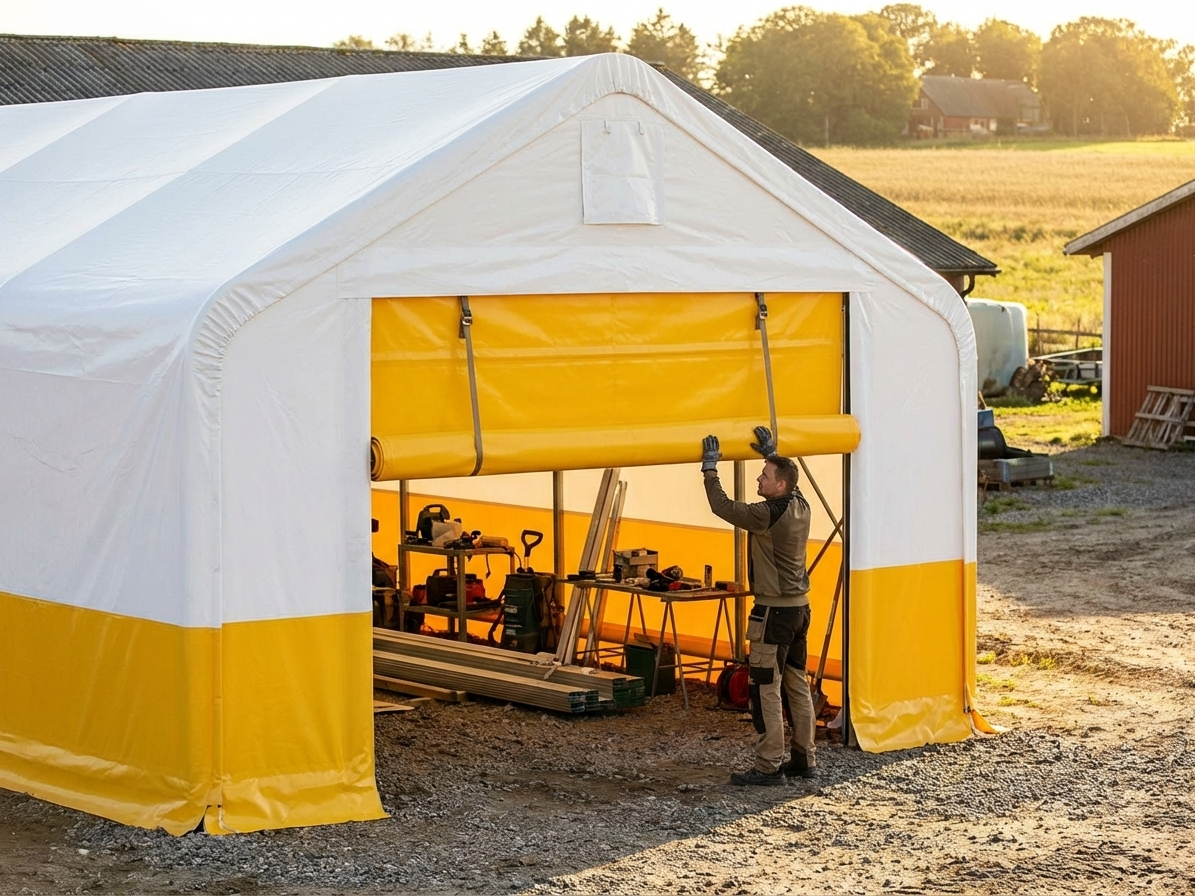 PVC endwall door for storage tent in white and yellow, 4m width - product detail