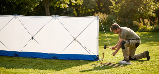 Safety screen in white and blue, 7.2x1.8 m, portable shelter - product detail