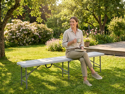 Folding bench 183x30x43 cm in light grey, suitable for indoor and outdoor use - product detail