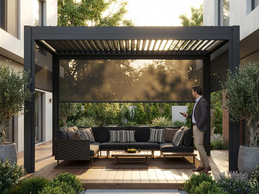 Black electric sidewall screen for pergola, 4m in length - product detail