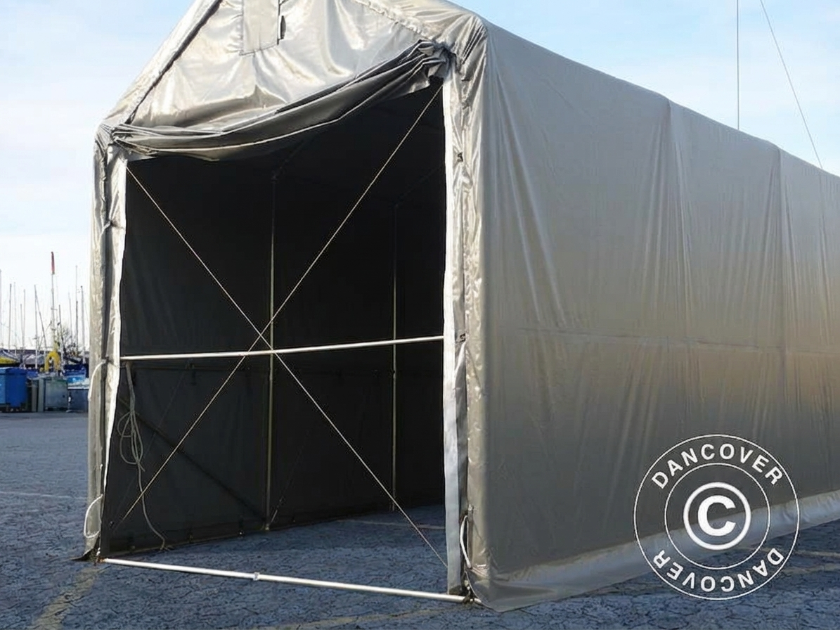 Grey Storage Shelter PRO XL made from PVC and steel for industrial use