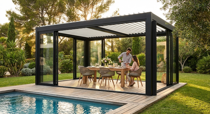 Bioclimatic pergola gazebo with sliding doors in black and white - view 3