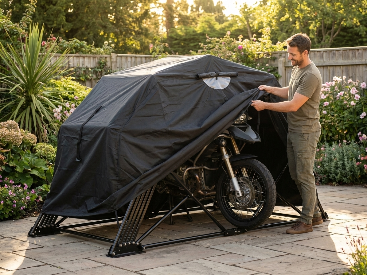 Black folding garage made from 600D Oxford fabric with steel frame