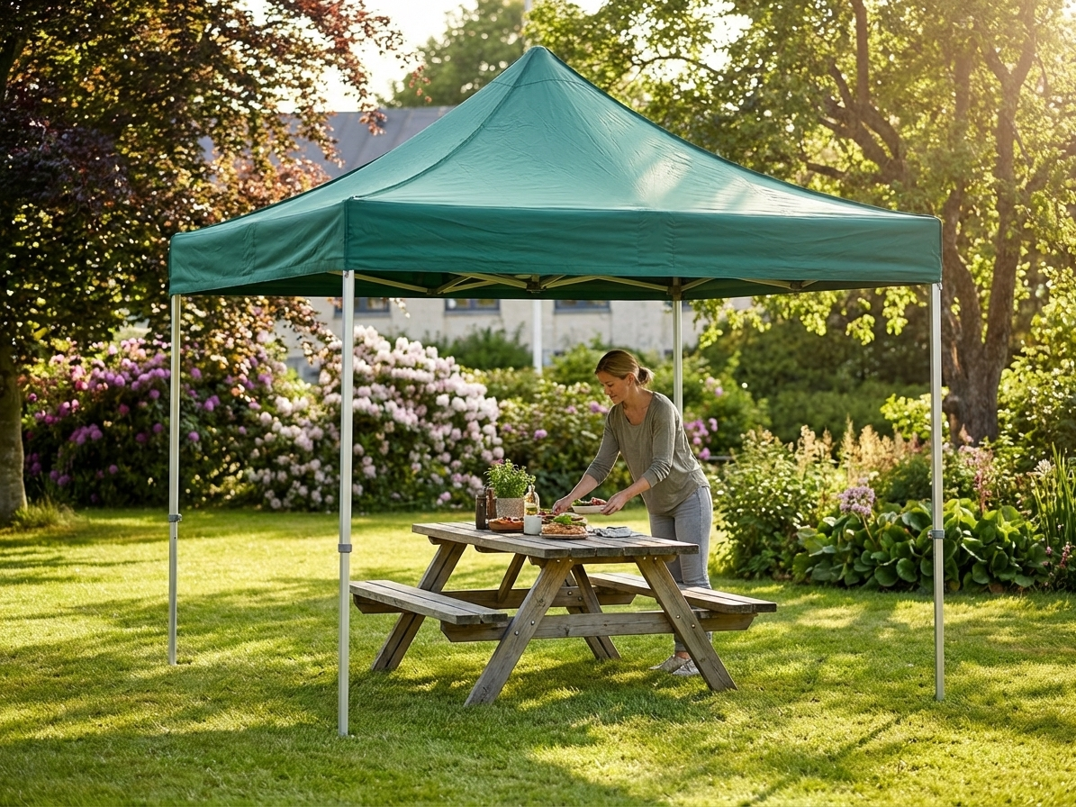 Green pop up gazebo 3x3m with a steel frame for outdoor use