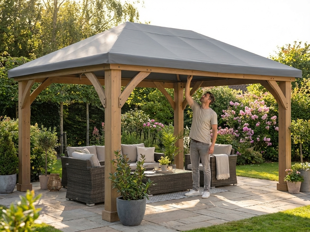Grey gazebo roof cover for 4x6 m structure, polyester material - view 3