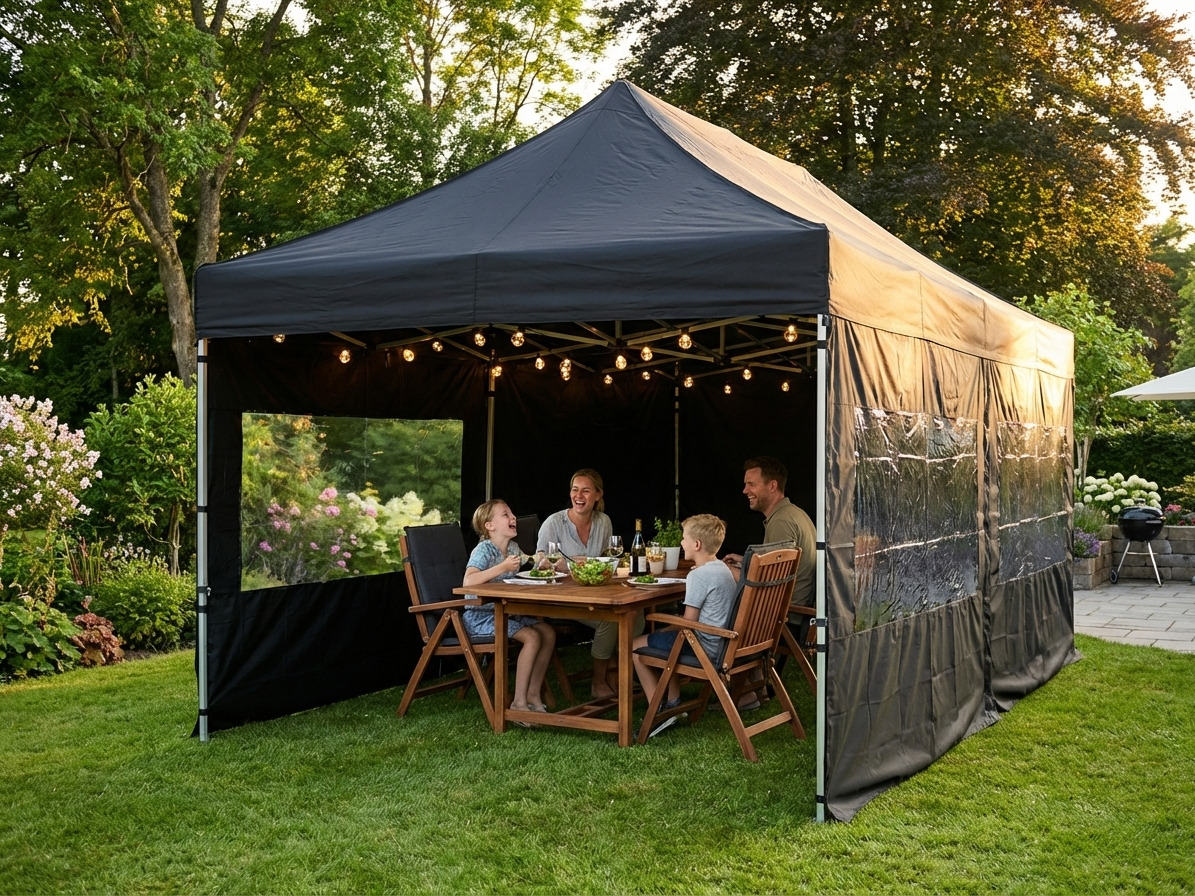 Black pop-up gazebo 3x6 meters with steel frame for outdoor use - product detail