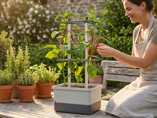 Light grey planter with stake and water tank