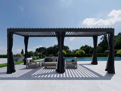 Bioclimatic pergola gazebo with black steel frame and curtains