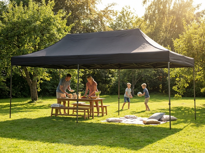 Black pop-up gazebo with steel frame for outdoor events