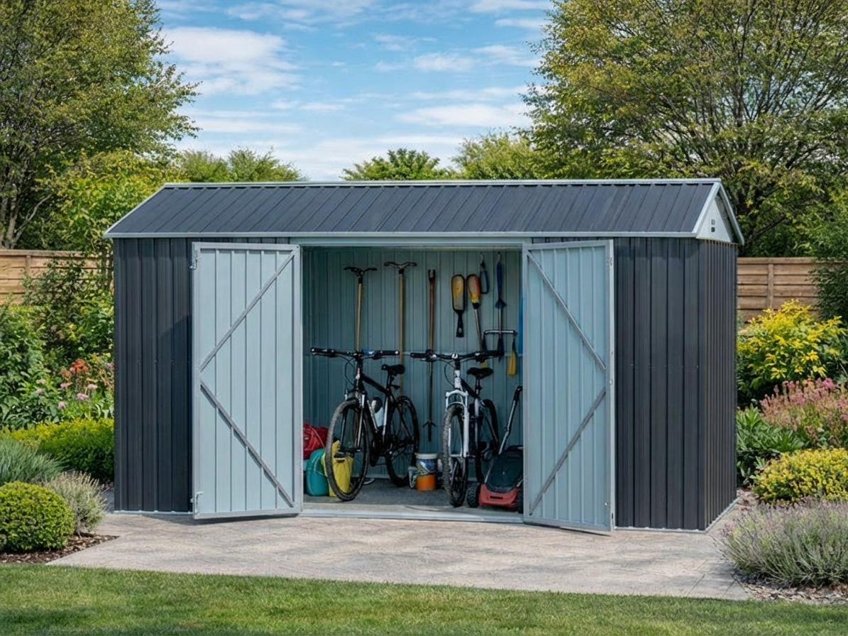 Garden shed in galvanised steel with double doors for outdoor storage - product detail
