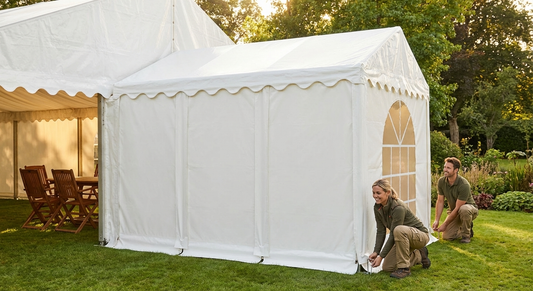 PVC tent extension in white with galvanised steel frame for event use