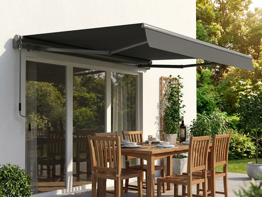 Grey outdoor awning with aluminium frame for garden and patio