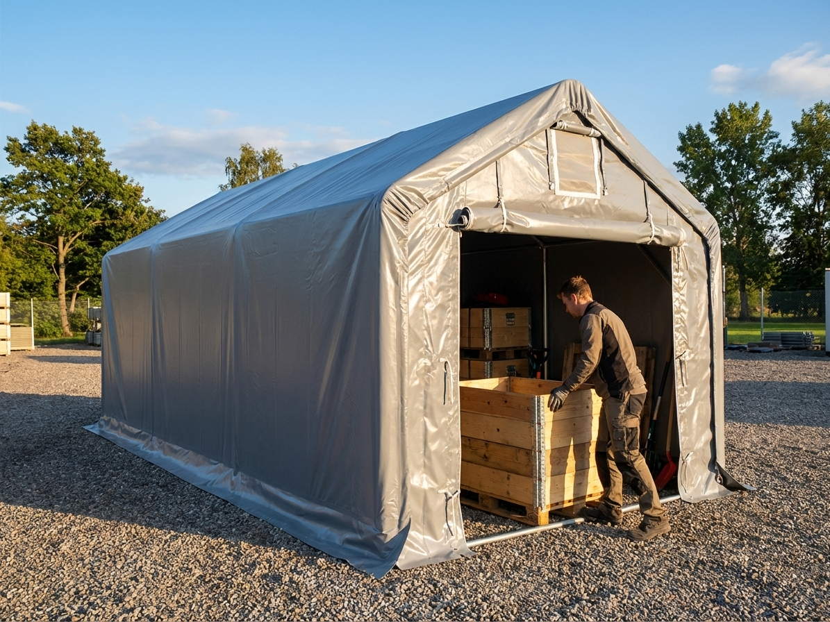 Grey storage shelter 3x6m made of PVC and steel