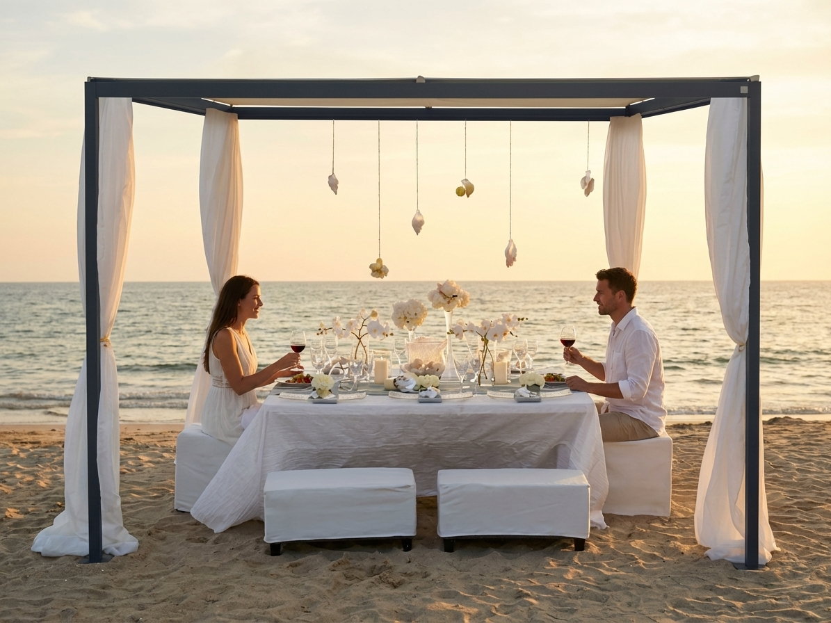 Pergola gazebo with beige PVC roof and aluminium frame - view 3