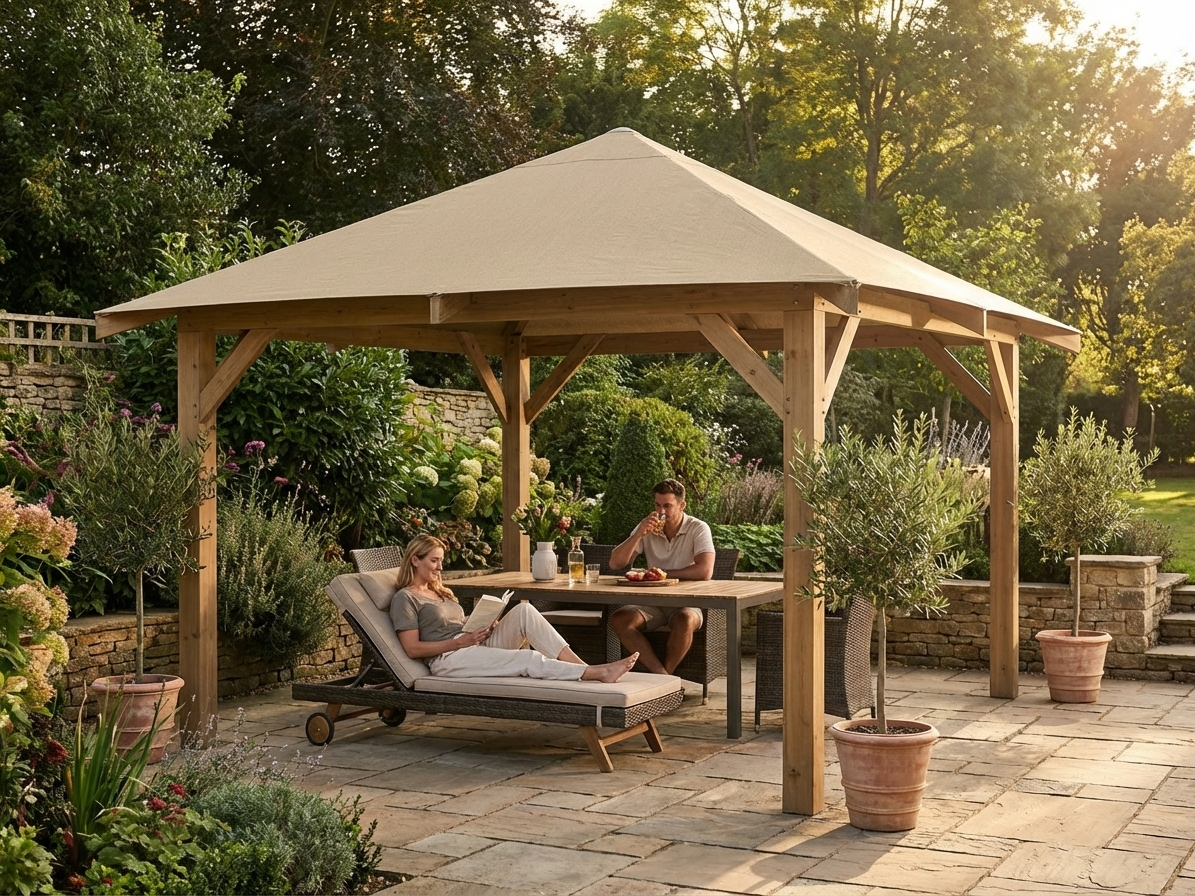 Sand-coloured wind roof for gazebo, UV-resistant outdoor use