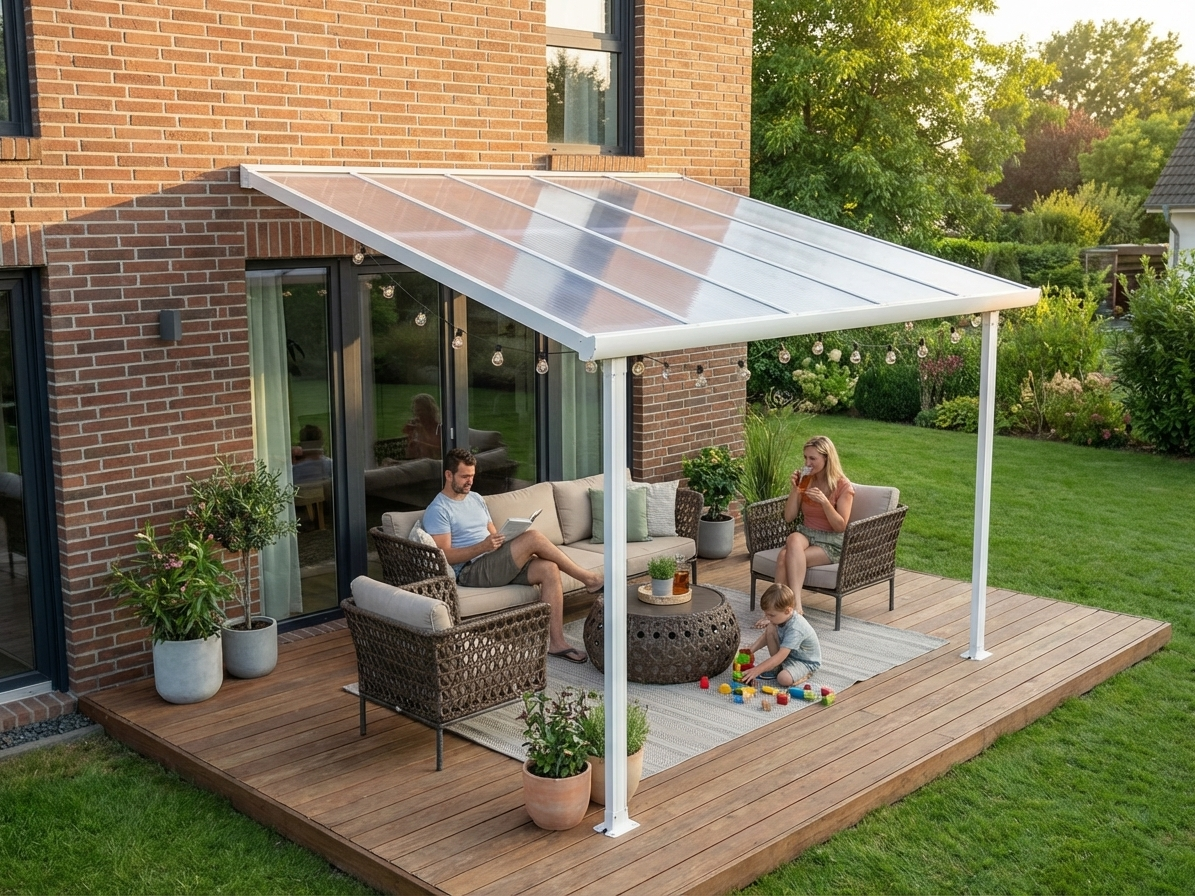 White patio cover 3x3.05 m with aluminium frame and polycarbonate roof