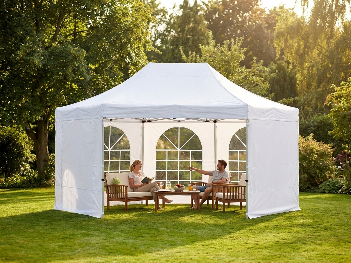 White pop-up gazebo with steel frame for outdoor use