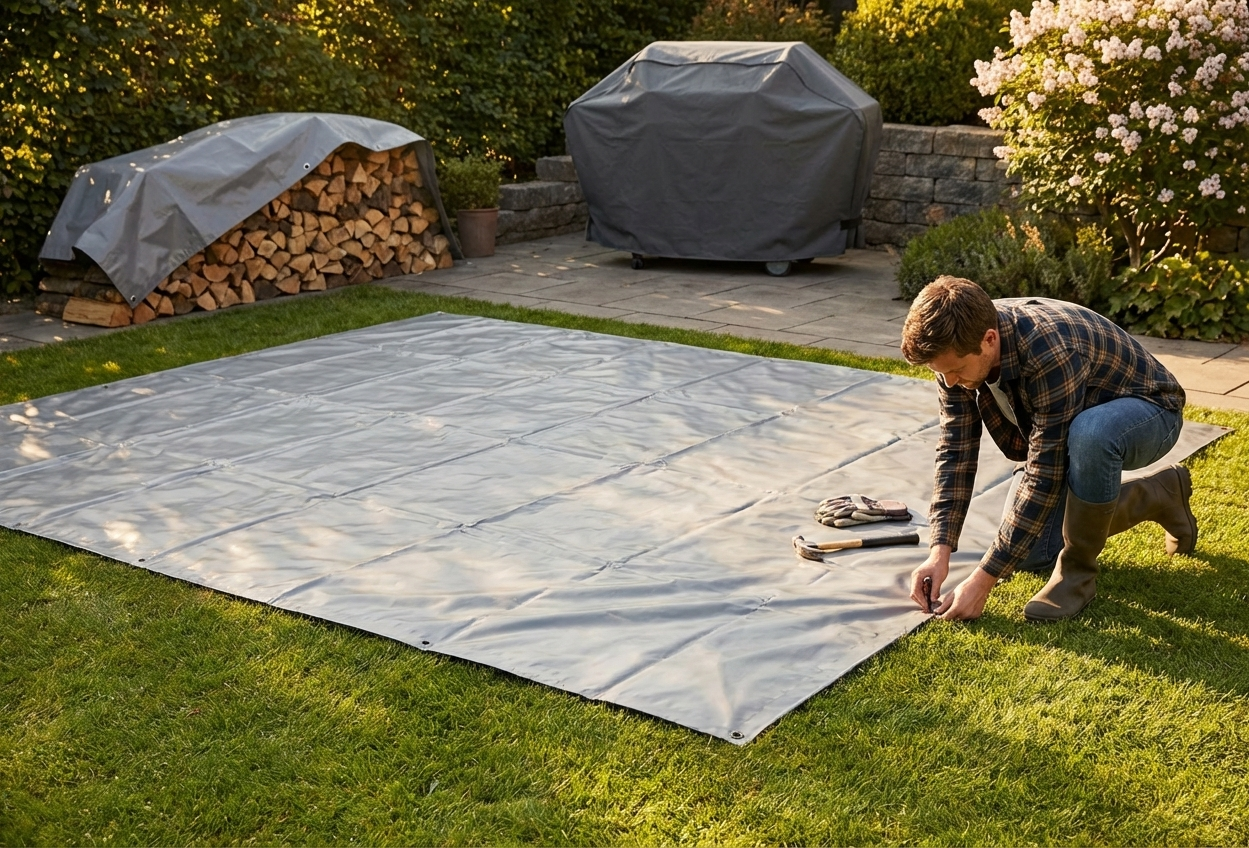 Grey PVC tarpaulin 2.8x5.2 m used as ground cover - view 3