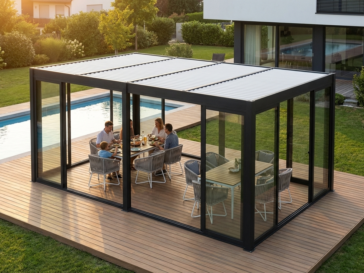 Bioclimatic pergola gazebo in black and white with aluminium frame