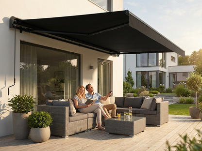 Black awning with remote control for outdoor use - product detail