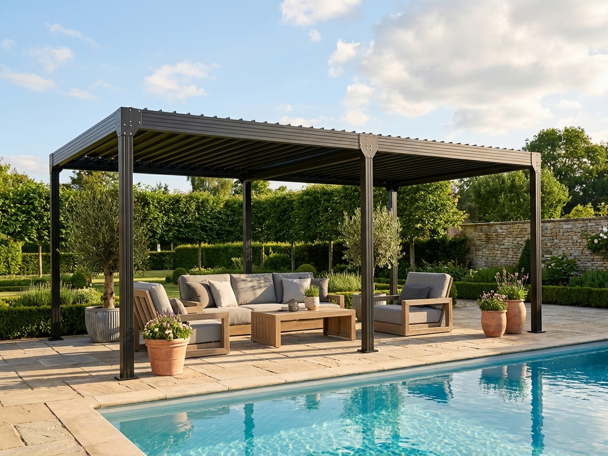 Bioclimatic pergola gazebo 4x8m in black, ideal for outdoor use