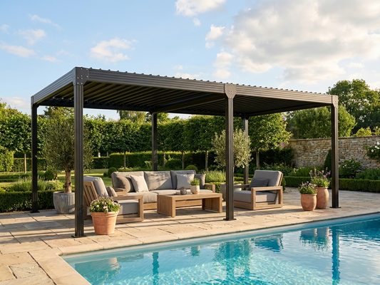 Bioclimatic pergola gazebo 4x8m in black, ideal for outdoor use
