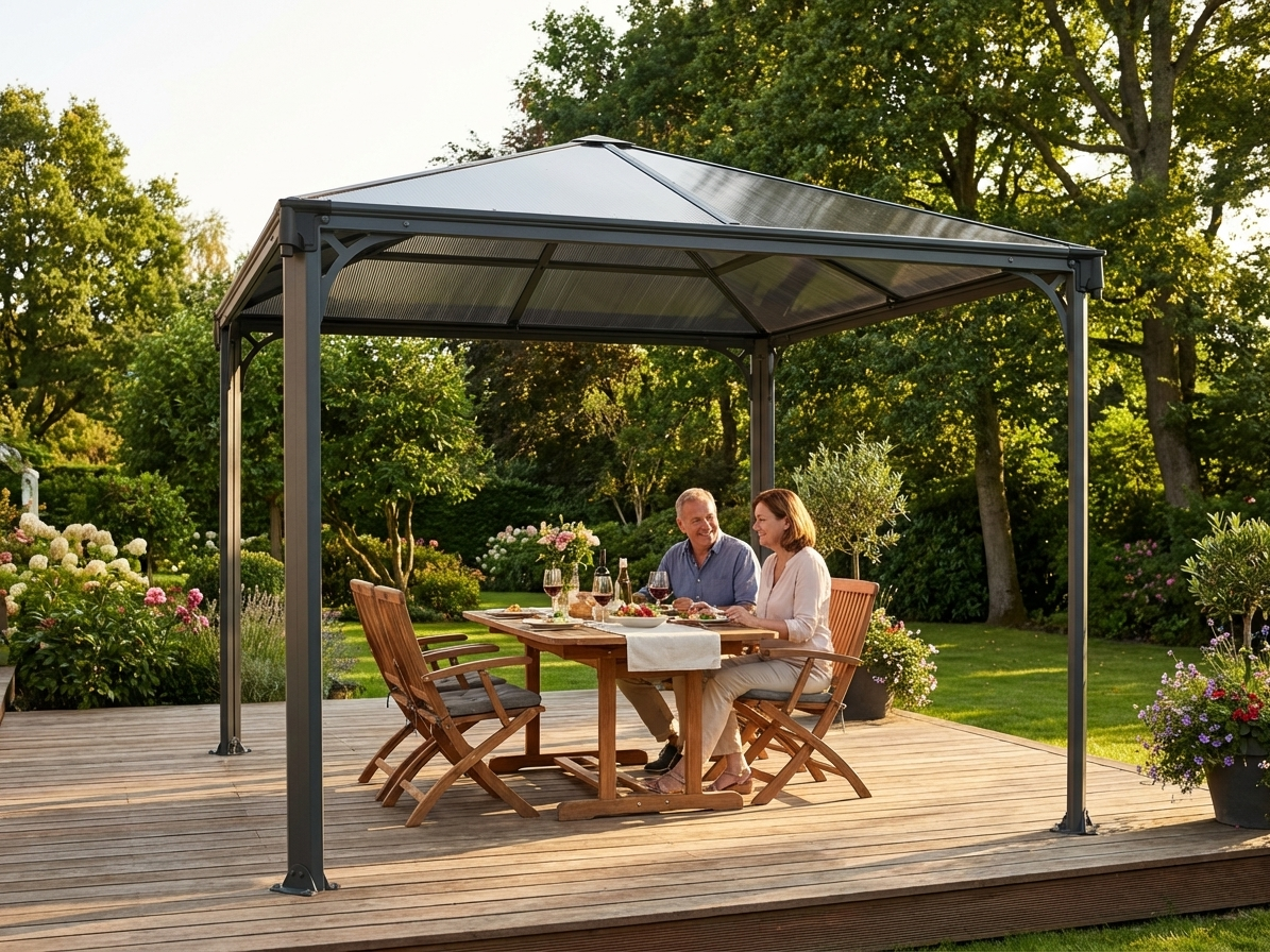 Grey outdoor gazebo with aluminium frame and polycarbonate roof - product detail