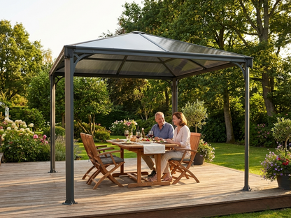 Grey outdoor gazebo with aluminium frame and polycarbonate roof - product detail