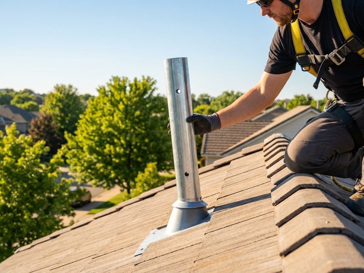 Grey steel roof pipe, powder-coated for industrial use - product detail