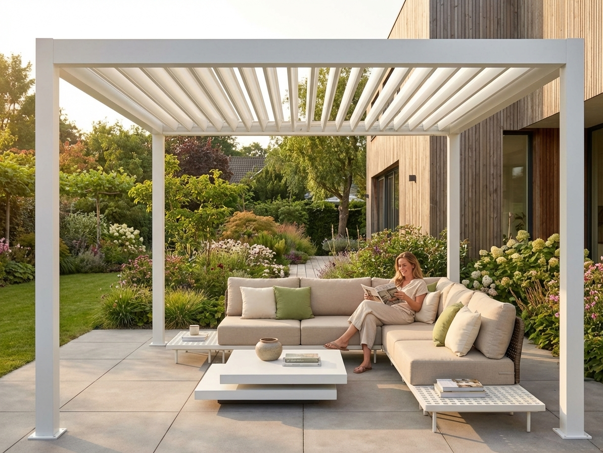 Bioclimatic Pergola Gazebo in White with Steel Frame - view 3