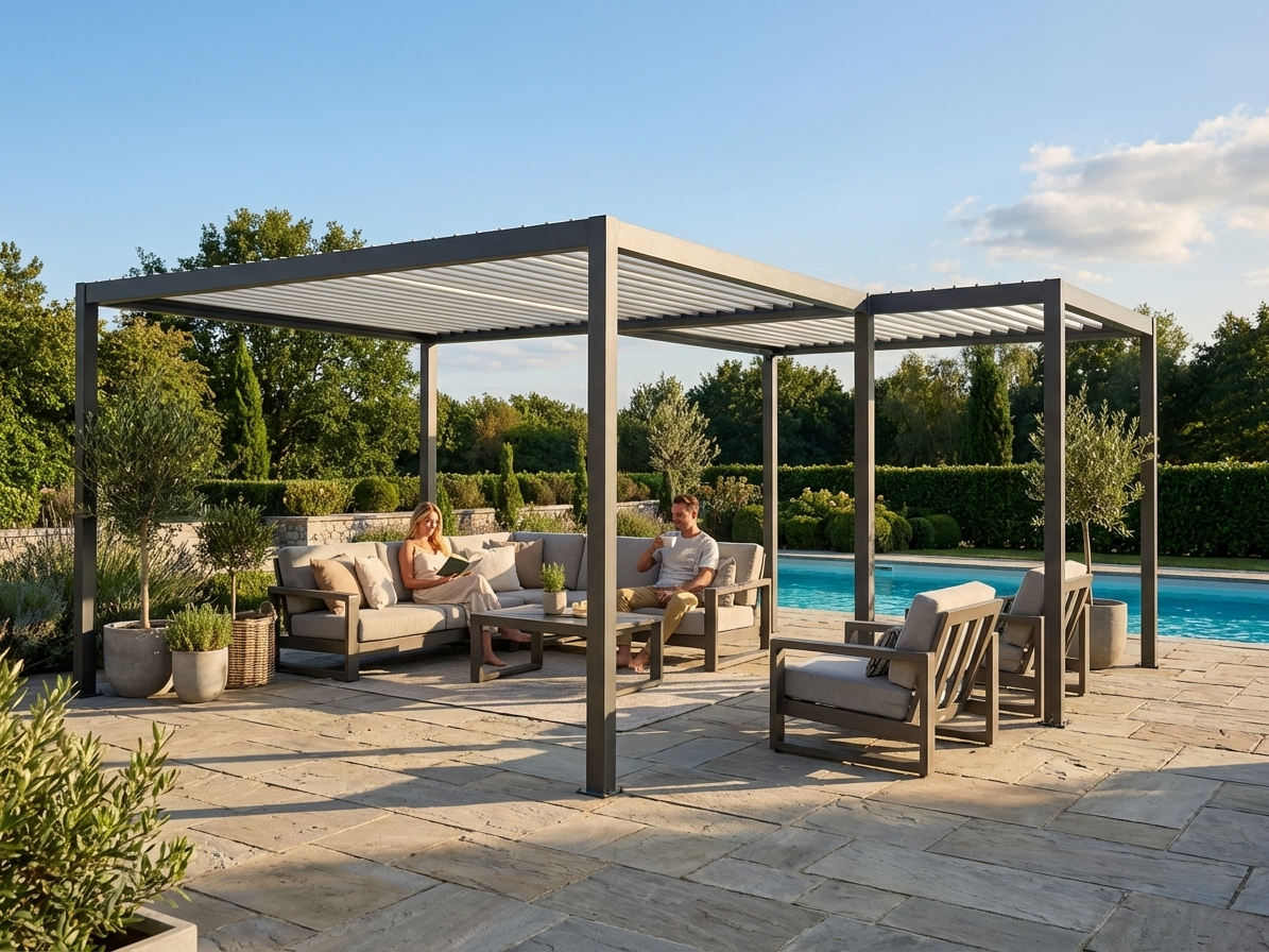 Aluminium pergola gazebo in garden setting - product detail
