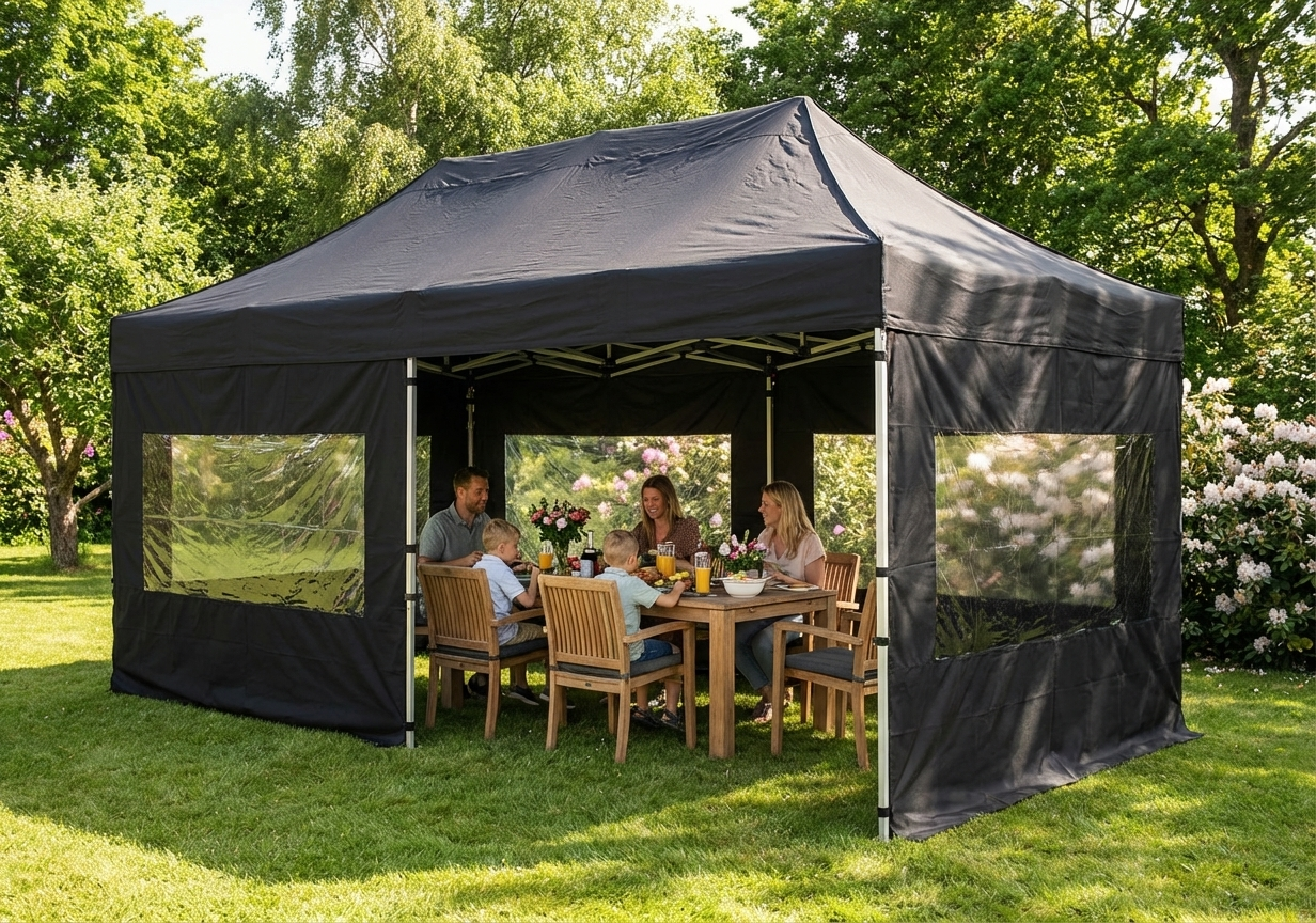 Black pop-up gazebo with aluminium frame, 3x6 m