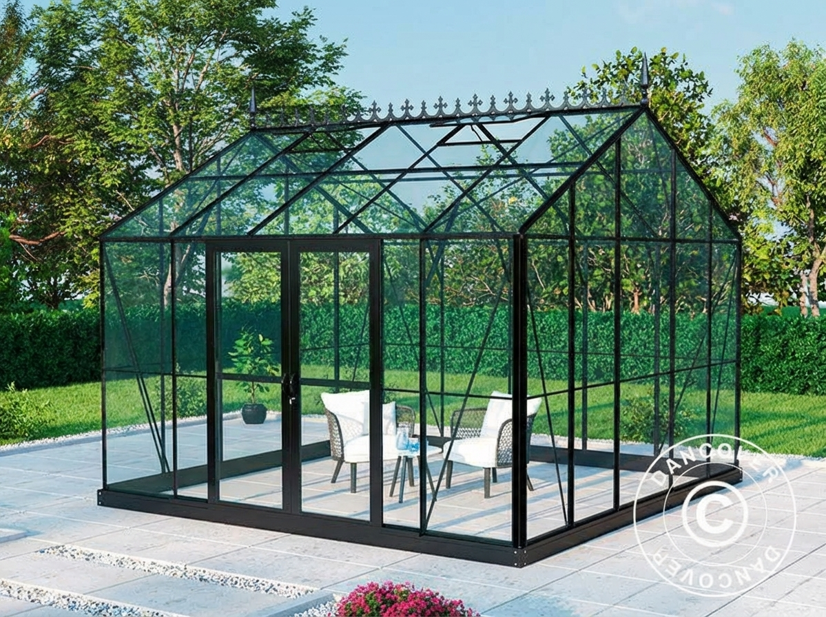 Glass greenhouse with black aluminium frame for outdoor use - product detail