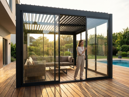Sliding door set with black frame and tempered glass for pergolas - product detail
