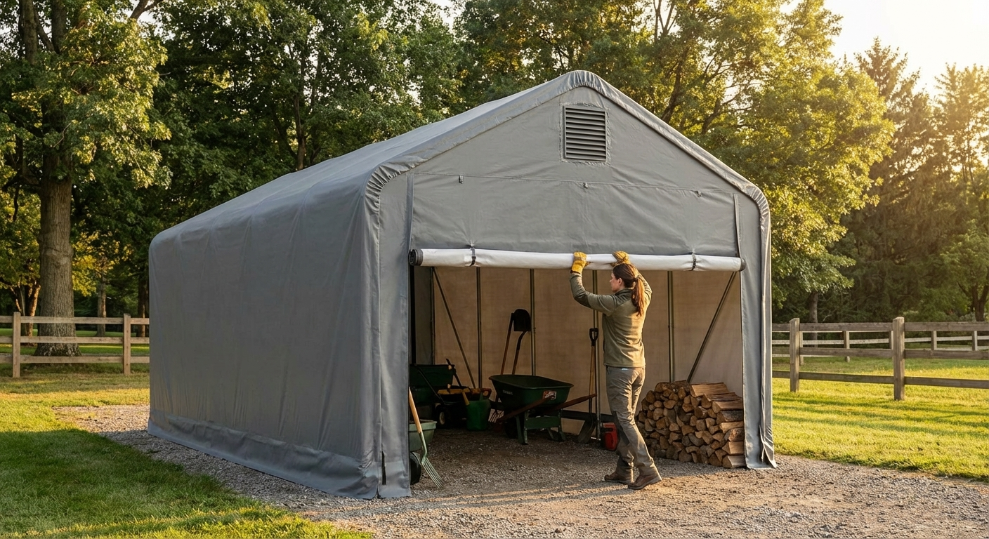 Grey storage shelter end wall made from polyethylene tarpaulin - product detail