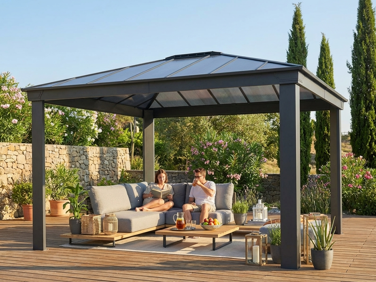 Anthracite gazebo with polycarbonate roof for outdoor use