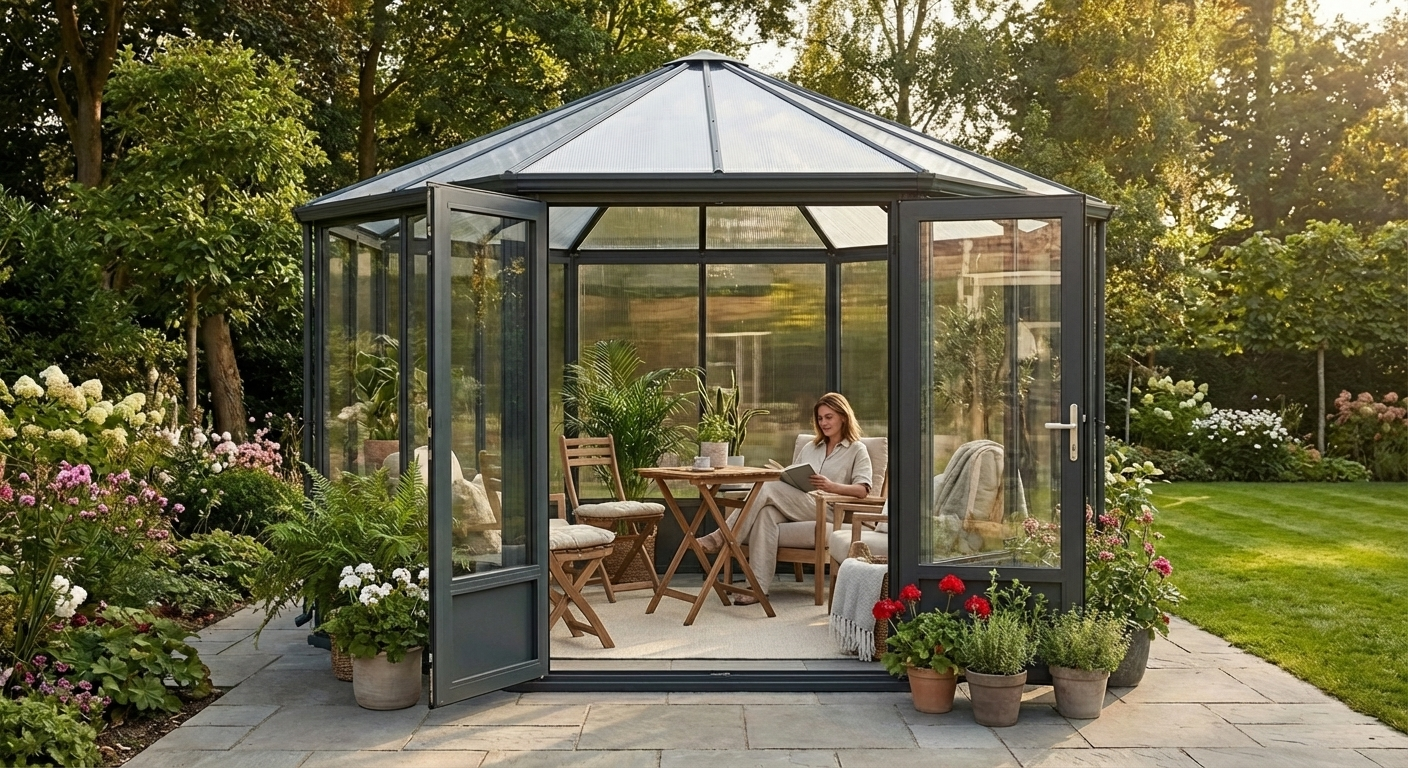 Polycarbonate orangery with aluminium frame in anthracite - product detail