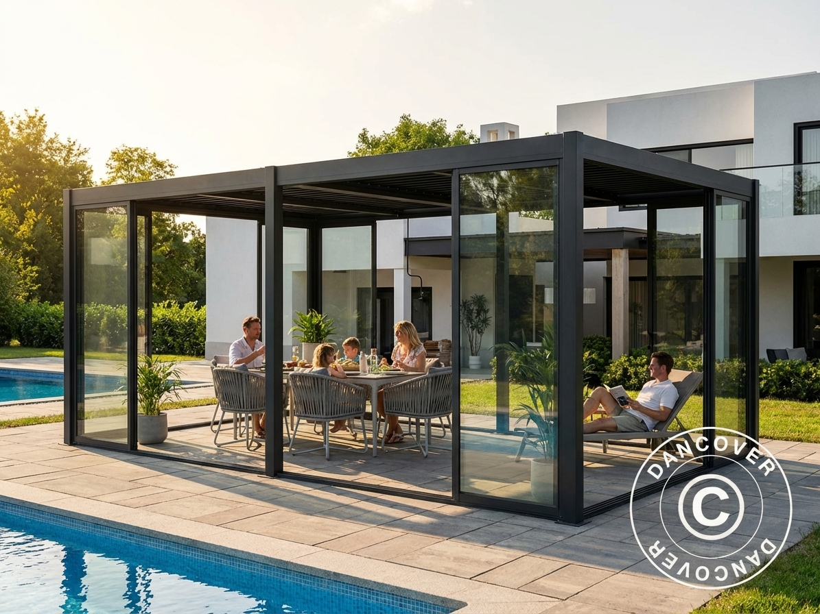 Black aluminium pergola gazebo with sliding glass doors