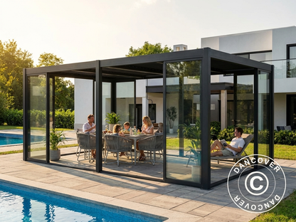 Black aluminium pergola gazebo with sliding glass doors