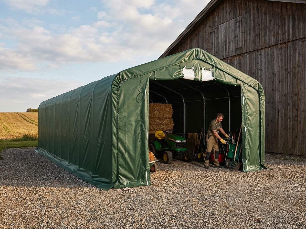 Green PVC storage shelter with galvanised steel frame