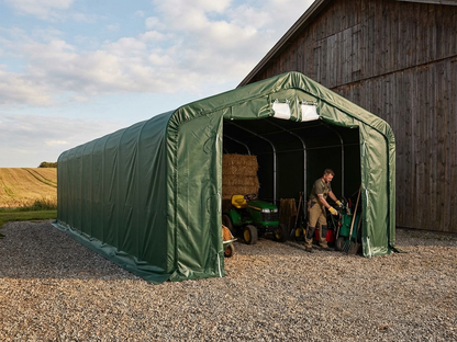 Green PVC storage shelter with galvanised steel frame