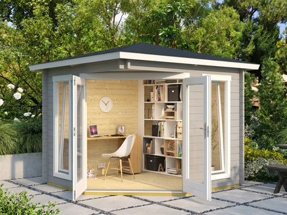 Wooden gazebo in light grey made from Nordic Spruce