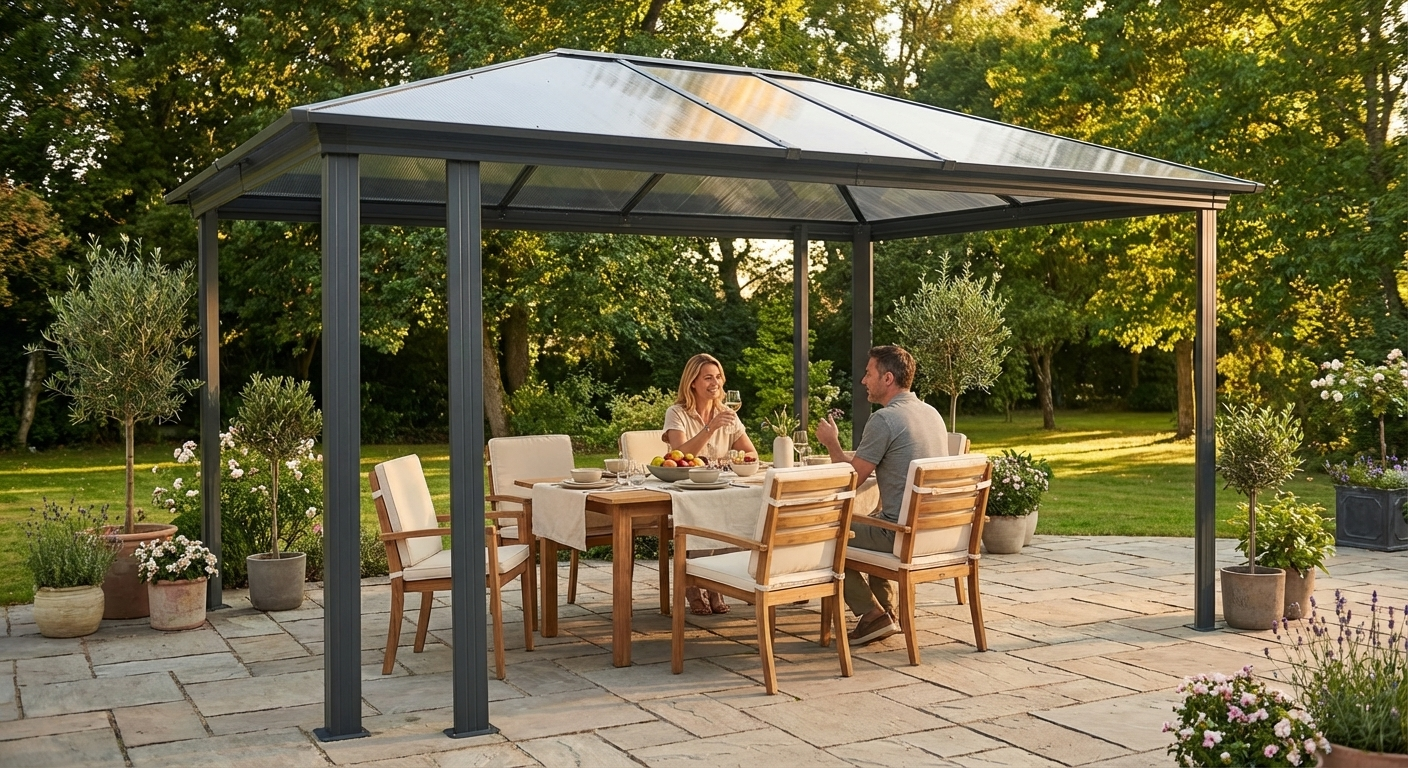 Anthracite gazebo with polycarbonate roof for outdoor use