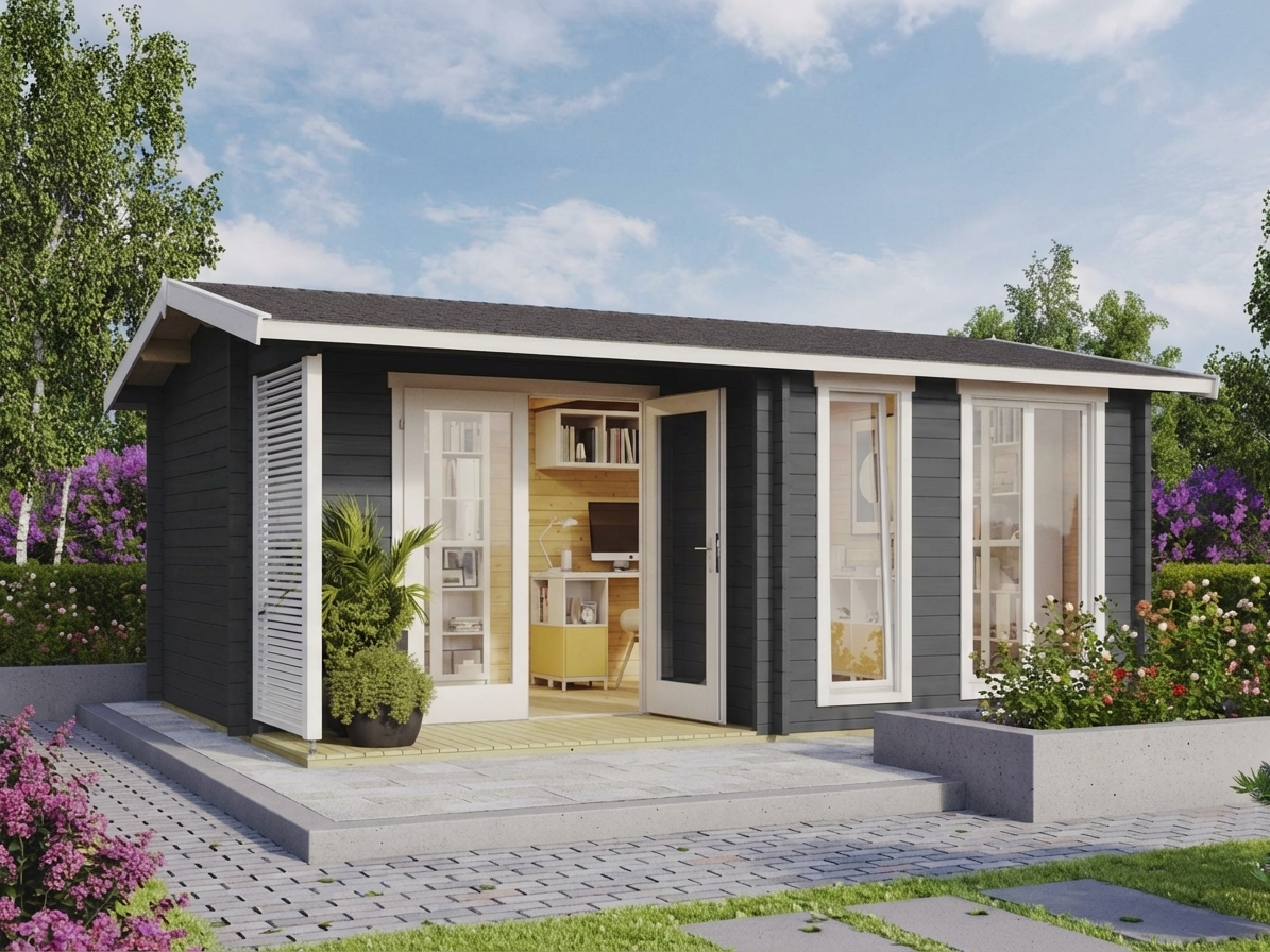 Wooden cabin in dark grey made from Nordic Spruce